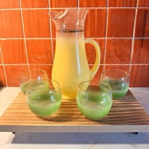 Vintage MCM Blendo Yellow Frosted‎ Pitcher 4 Green Roly Poly Glasses Set